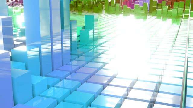 Geometrie - farbige Quader - Skyline - Architektur, Perspektive, Flächen, Formen, Winkel, Körper, Symmetrie, Rendering
