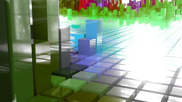 Geometrie - farbige Quader - Skyline - Architektur, Perspektive, Flächen, Formen, Winkel, Körper, Symmetrie, Rendering
