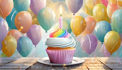 Wall Mural - birthday cupcake in pastel rainbow color with balloons and candle