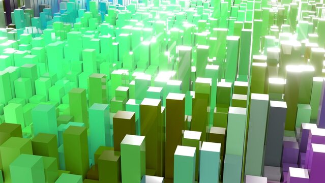 Geometrie - farbige Quader - Skyline - Architektur, Perspektive, Flächen, Formen, Winkel, Körper, Symmetrie, Rendering
