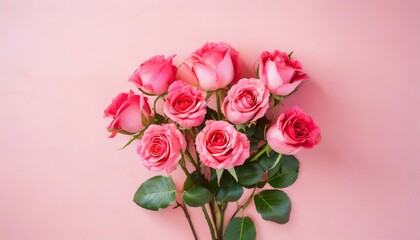 Poster - photography of a a bunch of pink red roses on a pink pastel background