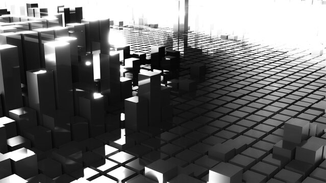 Geometrie - schwarz weiße Quader - Skyline - Architektur, Hochhäuser,  Perspektive, Flächen, Formen, Winkel, Kontrast, Körper, Symmetrie, Rendering