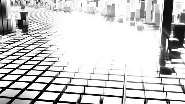 Geometrie - schwarz weiße Quader - Skyline - Architektur, Hochhäuser,  Perspektive, Flächen, Formen, Winkel, Kontrast, Körper, Symmetrie, Rendering