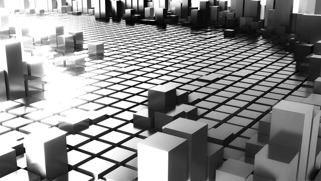 Geometrie - schwarz weiße Quader - Skyline - Architektur, Hochhäuser,  Perspektive, Flächen, Formen, Winkel, Kontrast, Körper, Symmetrie, Rendering