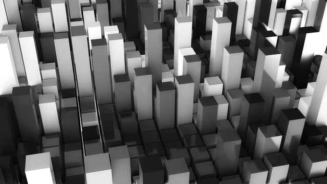 Geometrie - schwarz weiße Quader - Skyline - Architektur, Hochhäuser,  Perspektive, Flächen, Formen, Winkel, Kontrast, Körper, Symmetrie, Rendering