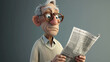 A charming 3D headshot of a cartoon elderly man, exuding wisdom and sophistication, wearing a cream cardigan and engrossed in his newspaper. Perfect for illustrating news, leisure time, and
