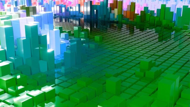 Geometrie - grüne Quader - Skyline - Architektur, Hochhäuser,  Perspektive, Flächen, Formen, Winkel, Kontrast, Körper, Symmetrie, Rendering
