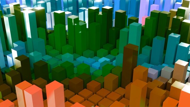 Geometrie - farbige Quader - Skyline - Architektur, Perspektive, Flächen, Formen, Winkel, Körper, Symmetrie, Rendering
