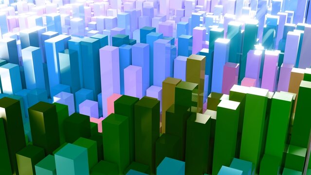 Geometrie - farbige Quader - Skyline - Architektur, Perspektive, Flächen, Formen, Winkel, Körper, Symmetrie, Rendering