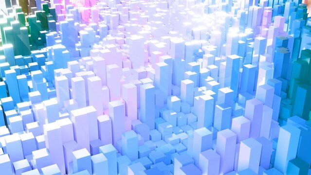 Geometrie - hellblaue pinke Quader - Skyline - Architektur, Perspektive, Flächen, Formen, Winkel, Körper, Symmetrie, Rendering