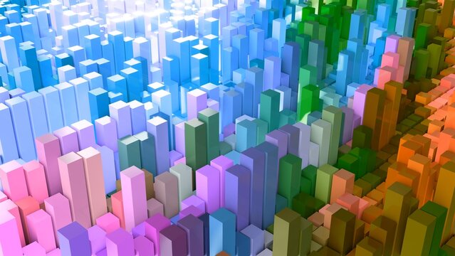 Geometrie - farbige Quader - Skyline - Architektur, Hochhäuser,  Perspektive, Flächen, Formen, Winkel, Kontrast, Körper, Symmetrie, Rendering