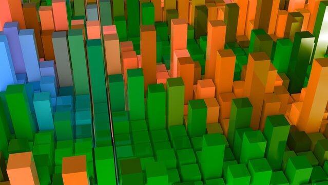 Geometrie - grüne orange Quader - Skyline - Architektur, Hochhäuser,  Perspektive, Flächen, Formen, Winkel, Kontrast, Körper, Symmetrie, Rendering
