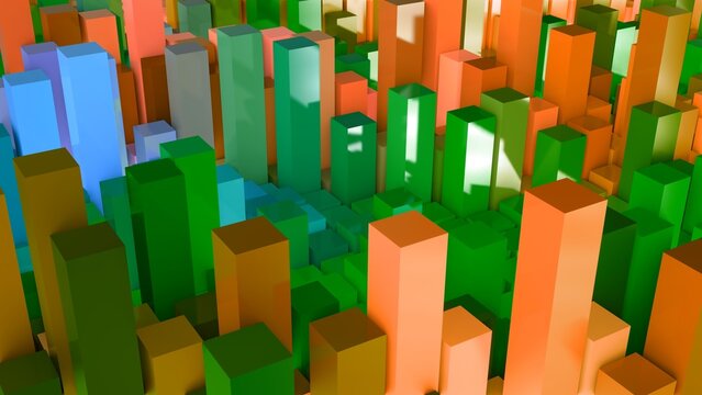 Geometrie - grüne orange Quader - Skyline - Architektur, Hochhäuser,  Perspektive, Flächen, Formen, Winkel, Kontrast, Körper, Symmetrie, Rendering