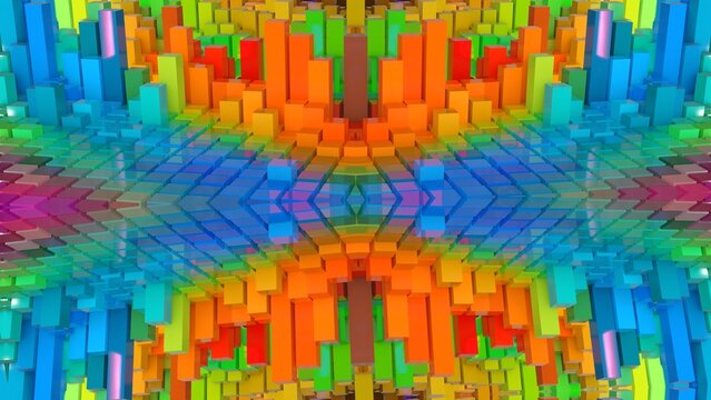 farbenfrohe symetrische Geometrie - farbige Quader, Fraktale, Perspektive, Flächen, Formen, Winkel, Körper, Symmetrie, Rendering
