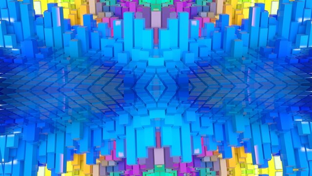 farbenfrohe symetrische Geometrie - farbige Quader, Fraktale, Perspektive, Flächen, Formen, Winkel, Körper, Symmetrie, Rendering
