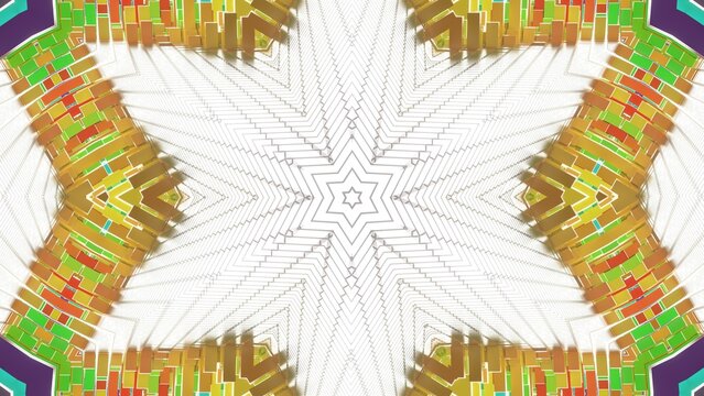 farbenfrohe symetrische sternenförmige Geometrie - farbige Quader, Fraktale, Perspektive, Flächen, Formen, Winkel, Körper, Symmetrie, gelb, grün, rot, Rendering