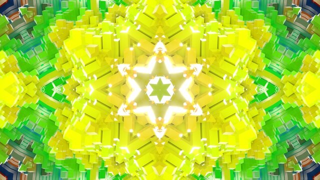 farbenfrohe symetrische sternenförmige Geometrie - farbige Quader, Fraktale, Perspektive, Flächen, Formen, Winkel, Körper, Symmetrie, gelb, grün, rot, Rendering