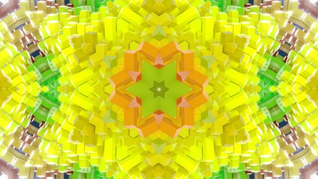 farbenfrohe symetrische sternenförmige Geometrie - farbige Quader, Fraktale, Perspektive, Flächen, Formen, Winkel, Körper, Symmetrie, gelb, grün, rot, Rendering