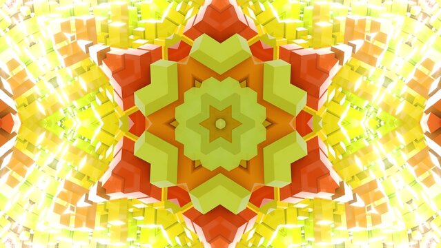 farbenfrohe symetrische sternenförmige Geometrie - farbige Quader, Fraktale, Perspektive, Flächen, Formen, Winkel, Körper, Symmetrie, gelb, grün, rot, Rendering