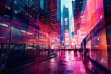 Fototapeta Londyn - Street life in bustling city center illuminated by neon lights and billboards. Times Square at night vivid urban landscape heart of modern. Crowded roads reflecting cityscape famous landmarks colorful