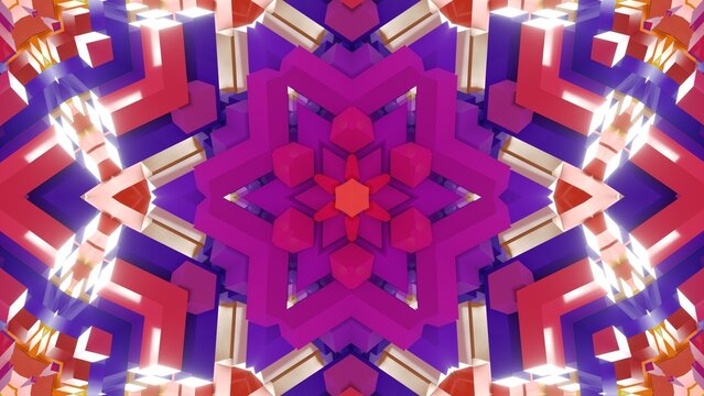 farbenfrohe symetrische Geometrie - farbige Quader, Fraktale, Perspektive, Flächen, Formen, Winkel, Körper, Symmetrie, blau, rot, lila, Rendering