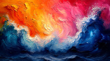 Colorful Sky And Ocean Wave Abstract Background. Oil Painting Style.