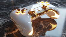 Generic Design Of Luxury Gaming Joystick With Glossy White Material And Golden Stylish Color Details, Generative Ai