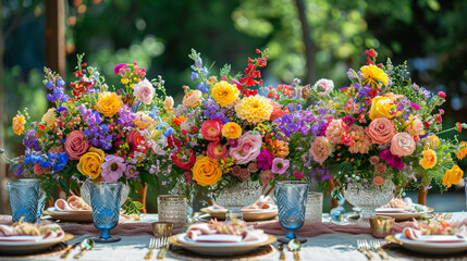 Poster - Beautiful flowers decorated on the table.Tables set for an event party or wedding reception. luxury elegant table setting dinner in a restaurant. glasses and dishes. Fancy moment fancy time.