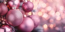 Christmas Celebration Decoration Holiday Banner Template Greeting Card - Closeup Of  Group Of Hanging Pink Baubles Ornaments And Bokeh Lights, Shiny, Generative AI