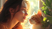 Young Woman Holding Cute Cat With Green Eyes. Female Hugging Her Cute Long Hair Kitty. Background