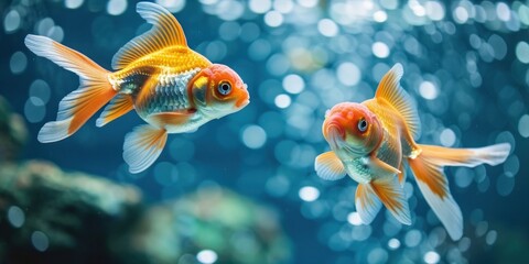 Animals gold fishes pets aquarium freshwater fish background - Two sweet cute goldfishes (cyprinidae) swimming in blue water, Generative AI