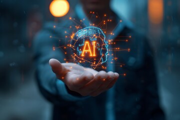 Poster - Close up man open hand holding AI brain.Artificial Intelligence or AI analysis information.Technology and science ,machine learning system.Hi-tech and futuristic world.Digital concept background.