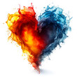 A bright abstract painting depicting a heart divided into blue and red-orange, symbolizing mixed emotions or a dual nature.