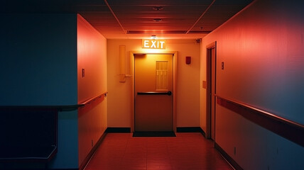 Wall Mural - A Red Glowing Exit Label Above a Closed Door. Way Out at the End of a Dark Room or Long Empty Corridor .- New Possibilities, Hope, Overcome Problems, Solution Finding Concept