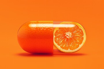 a vitamin C capsule with a texture of an orange, orange background