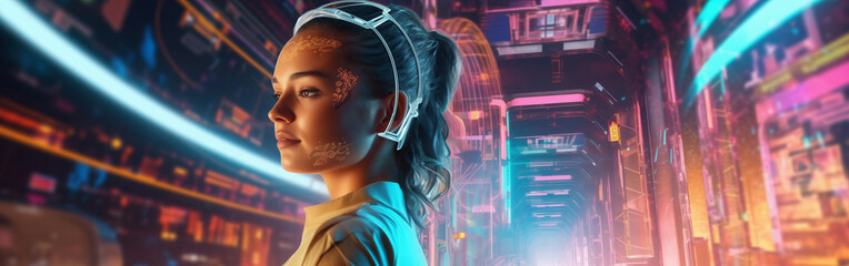 Wall Mural - Future scenario, Futuristic, Artificial intelligence, AI, Cyborg, Robot, Science fiction. BORN TOMORROW. World ready for technologically evolved knowledge. Infrared on her face. Concept art.