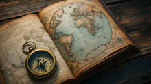 An Ancient Atlas Open To A Page Showing Countries And Continents, Accompanied By A Classic Compass, Symbolizing The Era Of Discovery And The Adventurous Spirit Of Globetrotters Created Using Vi