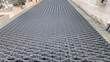 Grating walkway and handrail.External fire escape with open mesh flooring, Structural steel engineering,steel grating