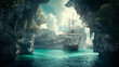 A pirate cove hidden in the Caribbean, with a legendary pirate ship anchored, as marauders celebrate their latest pillage, showcasing the tales of buccaneer life and pirate exploits Created Usi