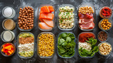 A detailed meal planning setup for bodybuilding and training, showcasing low-fat, high-protein dishes, complete with hydration and nutrient information, supporting energy and recovery Created U
