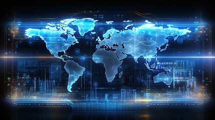 Wall Mural - Screen monitor HUD hologram Global Business Network on a Digital World Map with Binary Code in Blue Technology Illustration