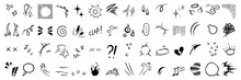 Set Of Hand Drawn Manga Emotion Effects. Markers Drawing Anime Elements, Including Speech Bubble, Stars, Arrows, Fire. Vector Doodle Icon.