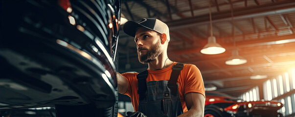 Mechanic reparing car in car service. Car repair concept.