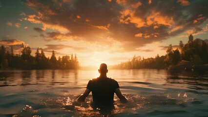 Sticker - A Black man stands in the water his arms raised up to the sky and basking in the beauty of a magnificent sunset while feeling an overwhelming