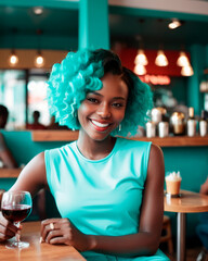 Wall Mural - Beautiful black woman at a table in a cafe. Smiling. White teeth.