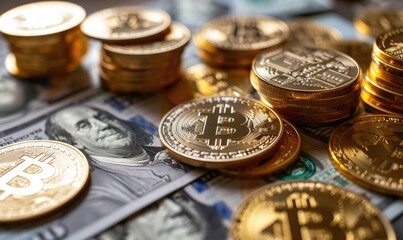 Glittering treasure awaits as a mountain of coins and bills overflow with wealth, beckoning the viewer into a world of opulence and riches.