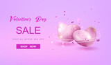 Fototapeta Kuchnia - Happy Valentine's Day sale banner vector. Love card on violet background with 3d balloon hearts and confetti. 14 February illustration.