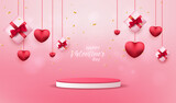 Fototapeta Kuchnia - Happy Valentine's Day holiday sale vector with podium. Greeting love card on pink background with 3d hearts and gift boxes. 14 February love discount illustration.
