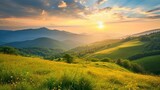 Fototapeta Góry - Sunset in the mountain valley. Beautiful natural landscape in the summertime