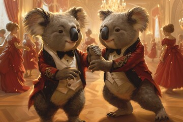 Wall Mural - Koala Animals Presidential Ballroom Dance Extravaganza adorned in elegant attire, engage in a formal dance, celebrating with style and grace, cartoon